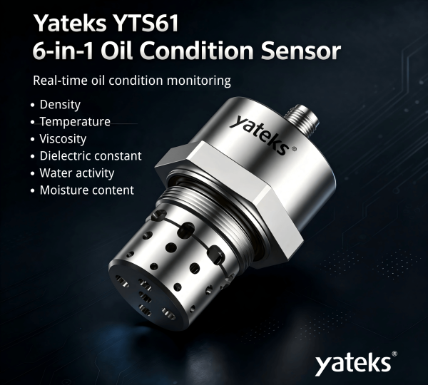 Yateks YTS61 6-in-1 Oil Condition Sensor promotional poster, real-time industrial lubricant monitoring sensor for predictive maintenance, detects density, temperature, viscosity, dielectric constant, water activity and moisture content