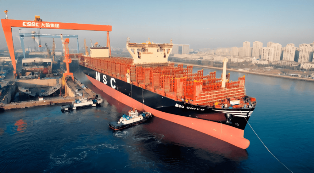 Large MSC container ship under construction at a shipyard, representing the shipbuilding industry where Yateks oil monitoring systems are applied.