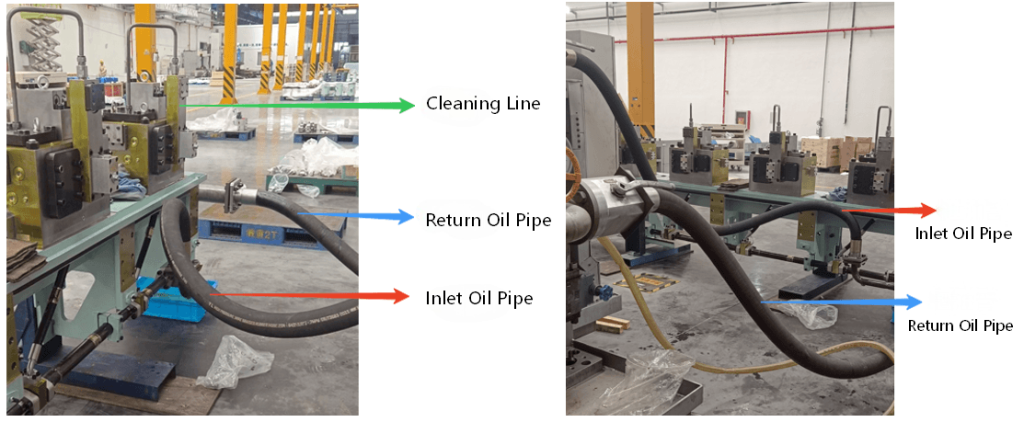Yateks YOL online oil monitoring system installed on a shipbuilding cleaning line, showing the cleaning line, return oil pipe, and inlet oil pipe connections.